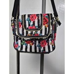 Betsey Johnson Black And White Stripes Red Roses Patent Leather Zipper Crossbody